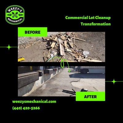 Before and after photos of a commercial property cleanup by Weezy's Mechanical.