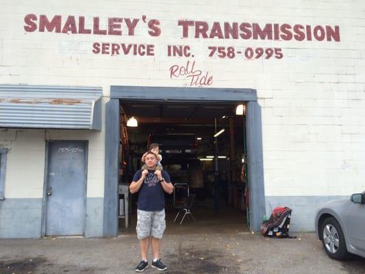 My husband and son in front of Smalley's.