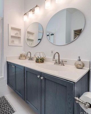 Bathroom vanity and in-wall cubby shelf