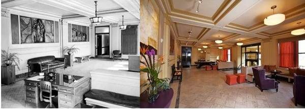 The original Jeffrey Mining Co. on the left in 1929 and the new Jeffrey lobby on the right!