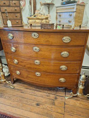 New England Cherry Bowfront Chest of Draws, ca 1800.  Newer finish, original brasses.