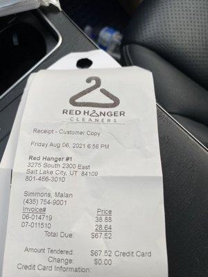 Receipt with price paid....$67.52.....even though the attendant had no response for the up charge.