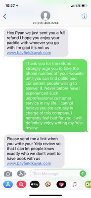 The text message I received after asking to be refunded.