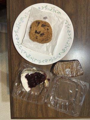 Thick Chocolate chip cookie, black cherry cheesecake slice, banana nut bread slice