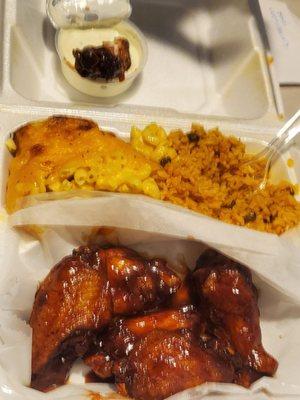 Honey BBQ wings, Spanish rice & Mac