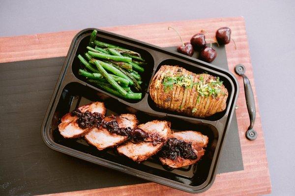 Bourbon + Cherry Pork Tenderloin with Charred Green Beans and Potato