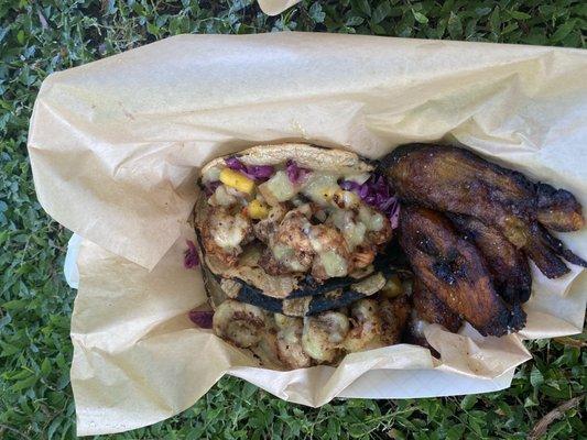 Jerk shrimp tacos with plantains.