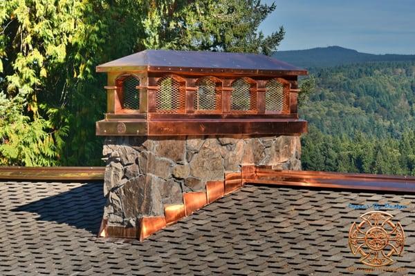 This shows a 10 arch Tuscany style chimney cap I designed and made for a Client in Sandy, Oregon with vented copper covered ridge caps