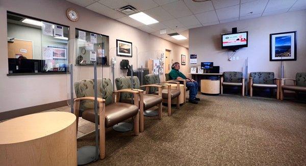 The check in area has bathroom's, magazines and a TV. They have charging stations for cellphones.