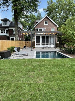 Back Yard Renovation 
Pool deck, Pergola, Planting, Fence, & New turf!