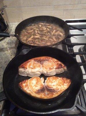 Swordfish and mushrooms.