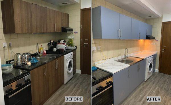 This customer wanted to change the old look into a new one. We made it happen! Light blue cabinets with a white marble countertop.