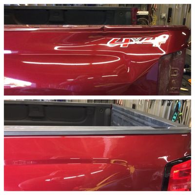 Before and after photo of a large dent repair in Gilbert, SC