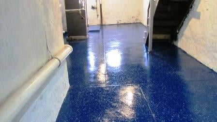 blue epoxy floor coating. basement