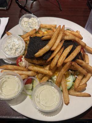 Blackened Salmon Salad with Bleu Cheese Crumbles ($.97) and fries ($1.19?)