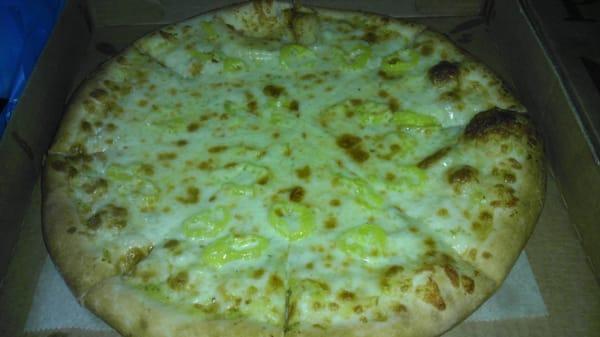 Medium white pizza with banana peppers.