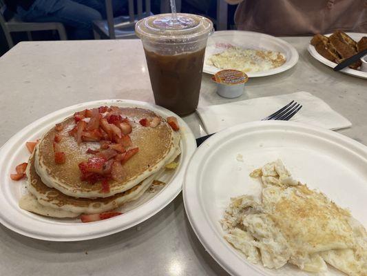 Heavenly pancakes with a side of egg whites. Iced coffee.