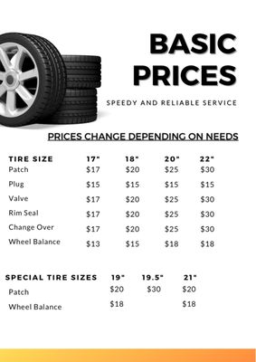 Our current base prices. Prices change depending on needs.