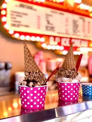 Bourbon Fudge with Peanut and Chocolate Dipped Waffle Cone