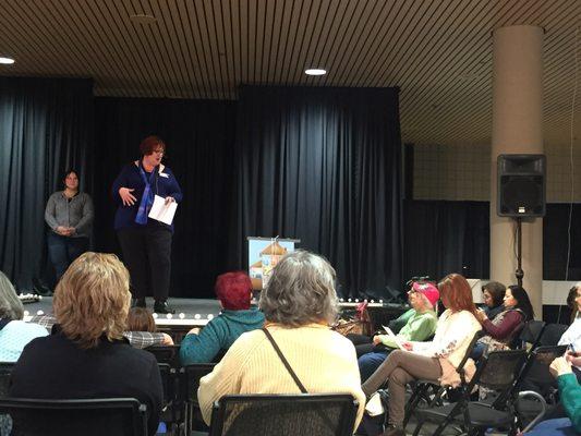 Headmistress Jill, speaking at the Women's Fair with Co Teacher Jennifer Espinoza, organizational specialist.