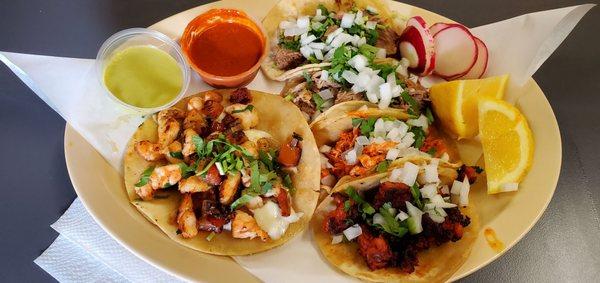 Shrimp, Chorizo, Chicken, Carnitas, Barbacoa de Res Tacos