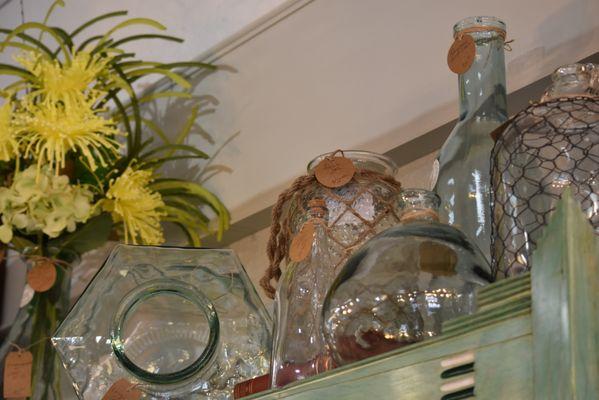 Fun recycled, handblown glassware jugs, vases, etc.