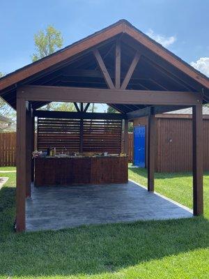 Outdoor kitchen. Had to rebuild from a previous contractor. It was very unsafe. Beautiful concrete stamping really set it off