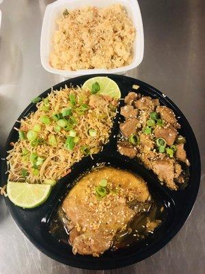 Teriyaki mixed with Pancit and Chicken Adobo with side of fried rice.