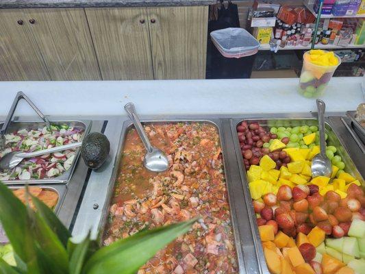 Ceviche, fresh fruit.