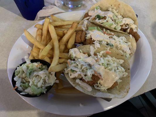 Fish Tacos with Side Fries and Coleslaw