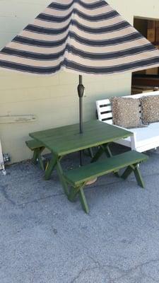 4' table and benches *stained green*