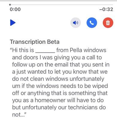 Voicemail from Pella386 in response to our concerns