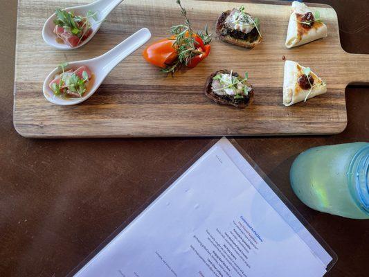 Appetizer taster - ahi poke spoon, steak crostini, potato brie quesadilla. 12/10 !!