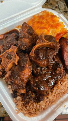 Braised Oxtail with Rice & Peas, Mac & Cheese and Sweet Plantains