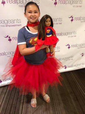 Matching outfits for this cutie and her doll at our Super hero Karaoke party during Nevada State Pageant 2019