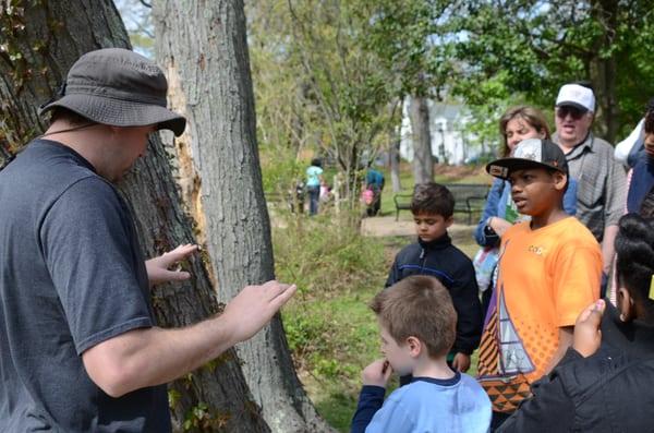 Science educator guides the public through the woods on ecology exploration