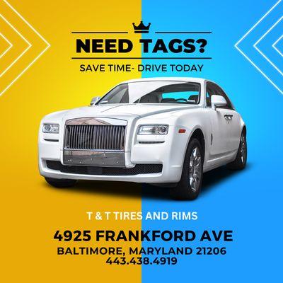 TAG AND TITLE SERVICES-- register/renew/remove
 
 
 T & T Tires and Rims
 4925 Frankford Avenue
 Baltimore, MD 21206
 443.438.4919