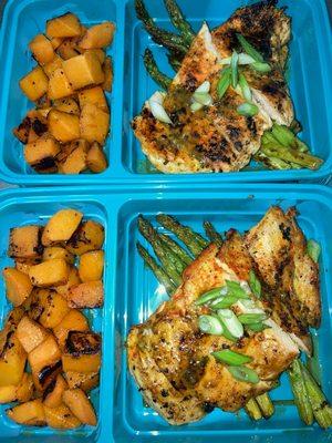 Dinner for two! Herb Vinaigrette Chicken, Grilled Asparagus, and Grilled Honey Butternut Squash