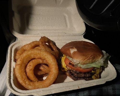 Burger and onion rings meal