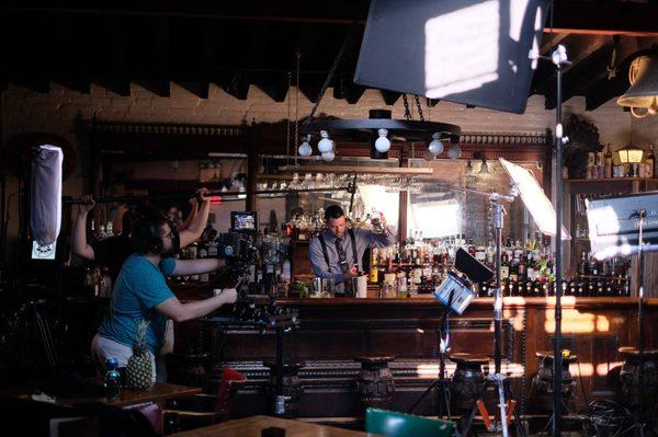 Aaron, DP and Editor, on set at The Horse Inn with Ben Hash.