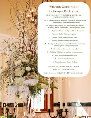 Winter Wedding Specials in Havre de Grace with Dean and Brown Catering at La Banque de Fleuve!