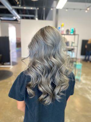 Platinum blonde to grayish blueish blonde