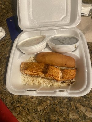 Grilled Wild Alaskan Salmon Dinner, green beans and cole  slaw.