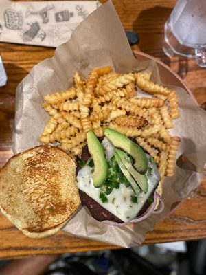 Veggie burger with crinkle fries