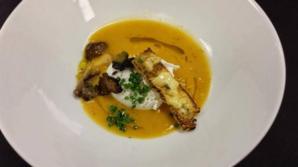 Madras Curry Sweet Potato Soup, Hen Egg, Bruleed Moody Blue Crostini!  #eatlocal