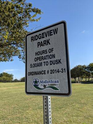 Hours of operation at Ridgeview Park