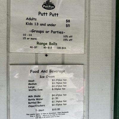 Prices for putt putt, driving range, food, and beverages