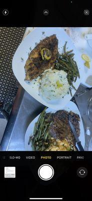 Blackened catfish, cauliflower mash, green beans, steak, crawfish pasta