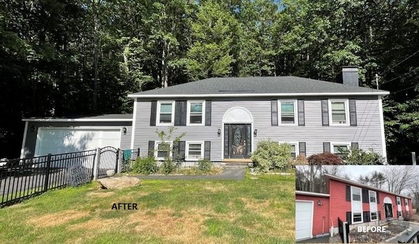 Architectural Shingle Roofing, Vinyl Siding, Custom Trim and Seamless Gutters. Kaletsky Project in Swanzey, NH