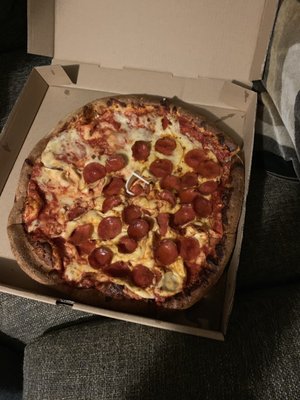 We ordered a Large pep with extra cheese and this is what we got. Called back to complain and only got a 20% discount off the next order.